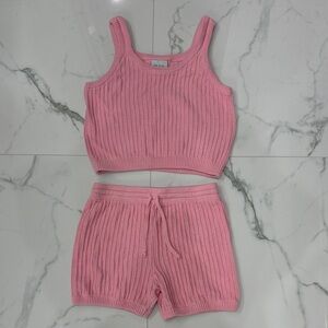 Pink Ribbed Knit Women's Shorts Set